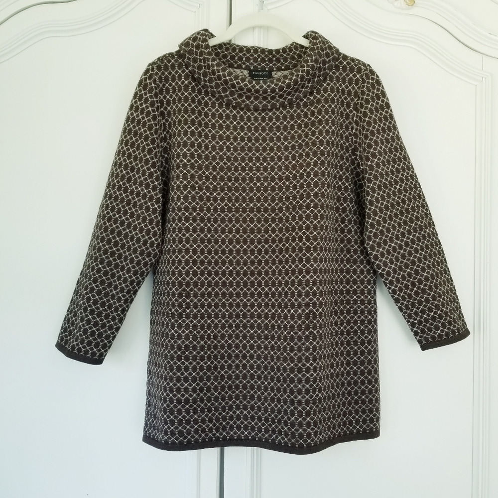 Talbots Brown Geometric Merino Wool Cowl Neck 3/4 Sleeve Sweater Medium
